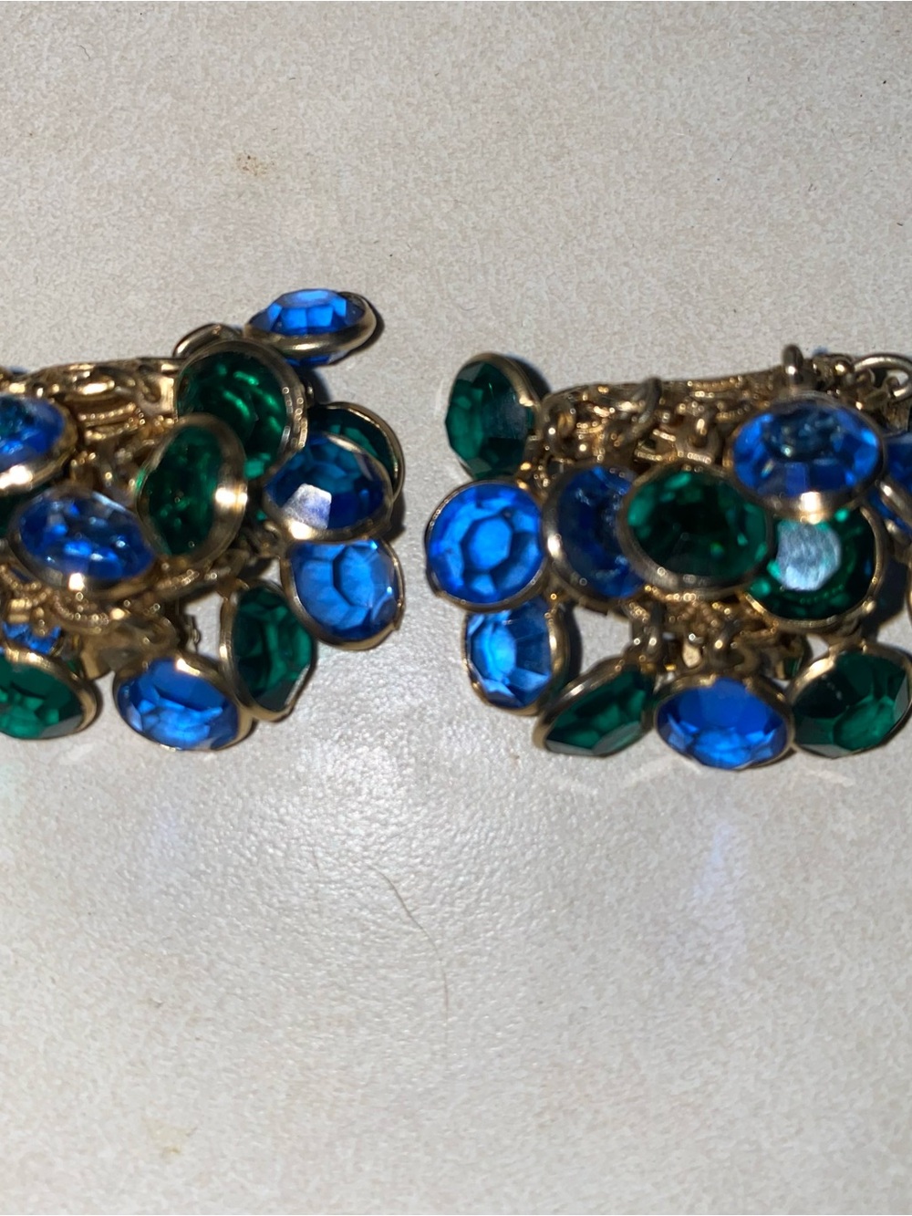 Vintage Warner Gold-Tone Cluster Hoop Earrings with Blue & Green Stones